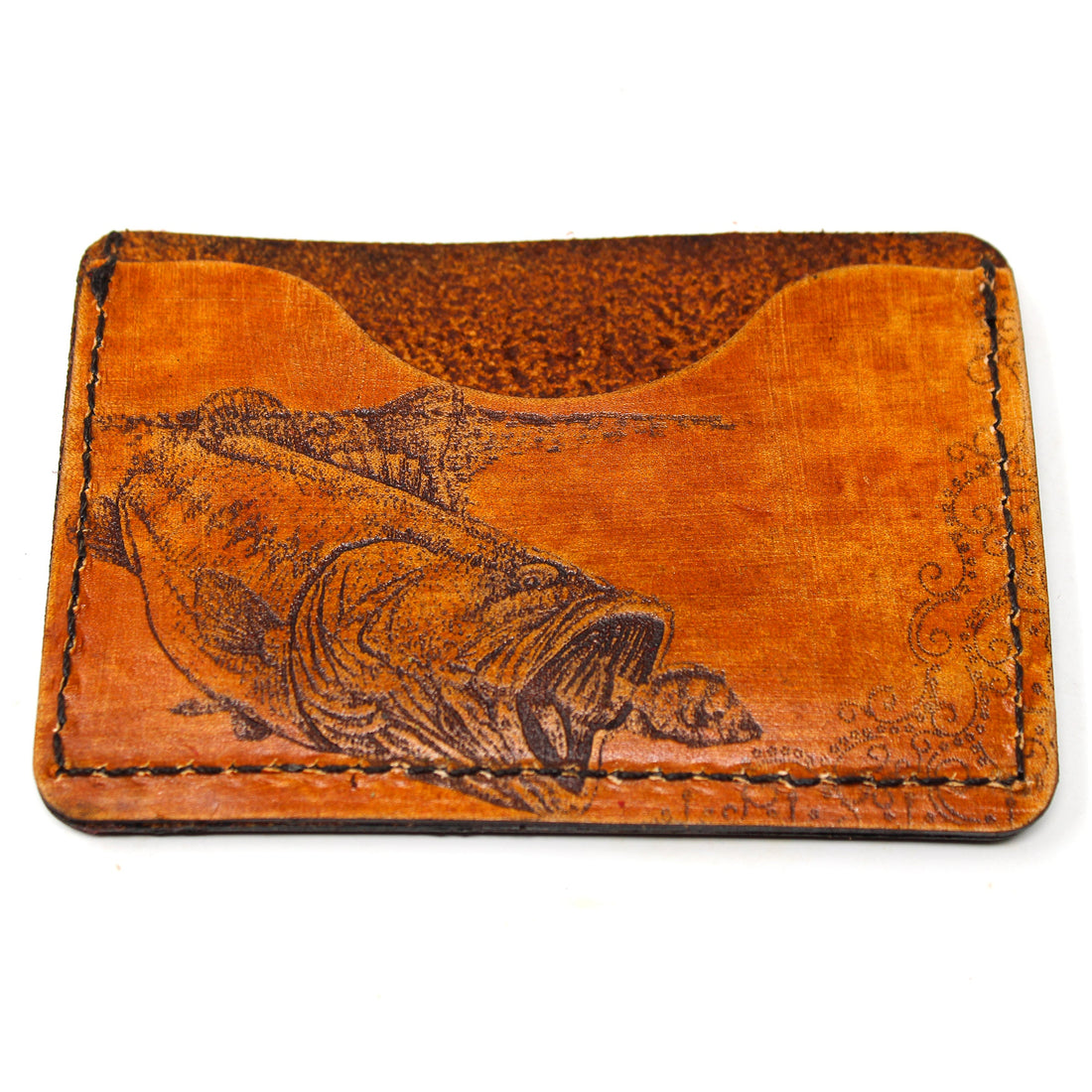 Leather card holder mens wallet with Largemouth Bass -  side 1