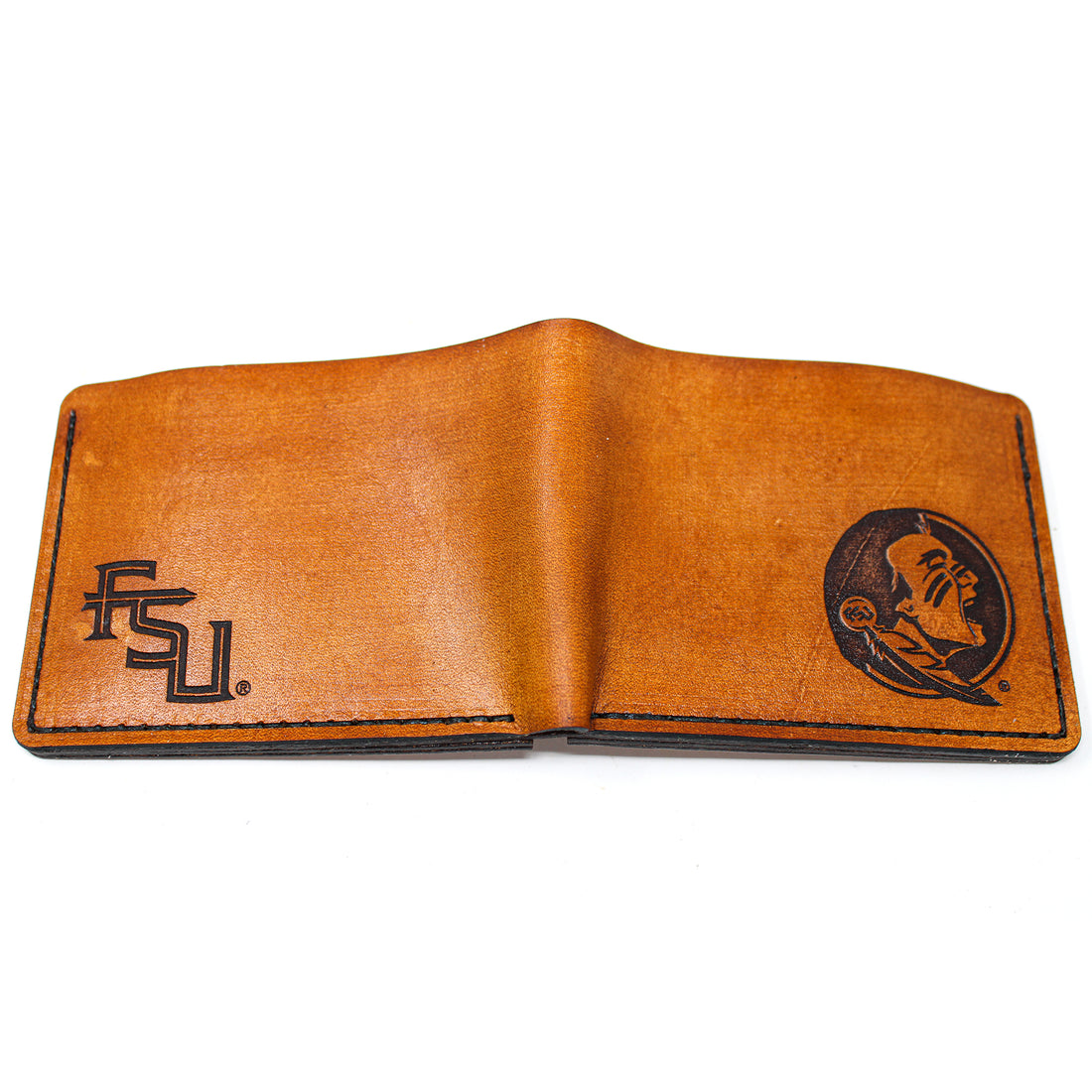 Leather billfold mens wallet with FSU branding - folded side 1
