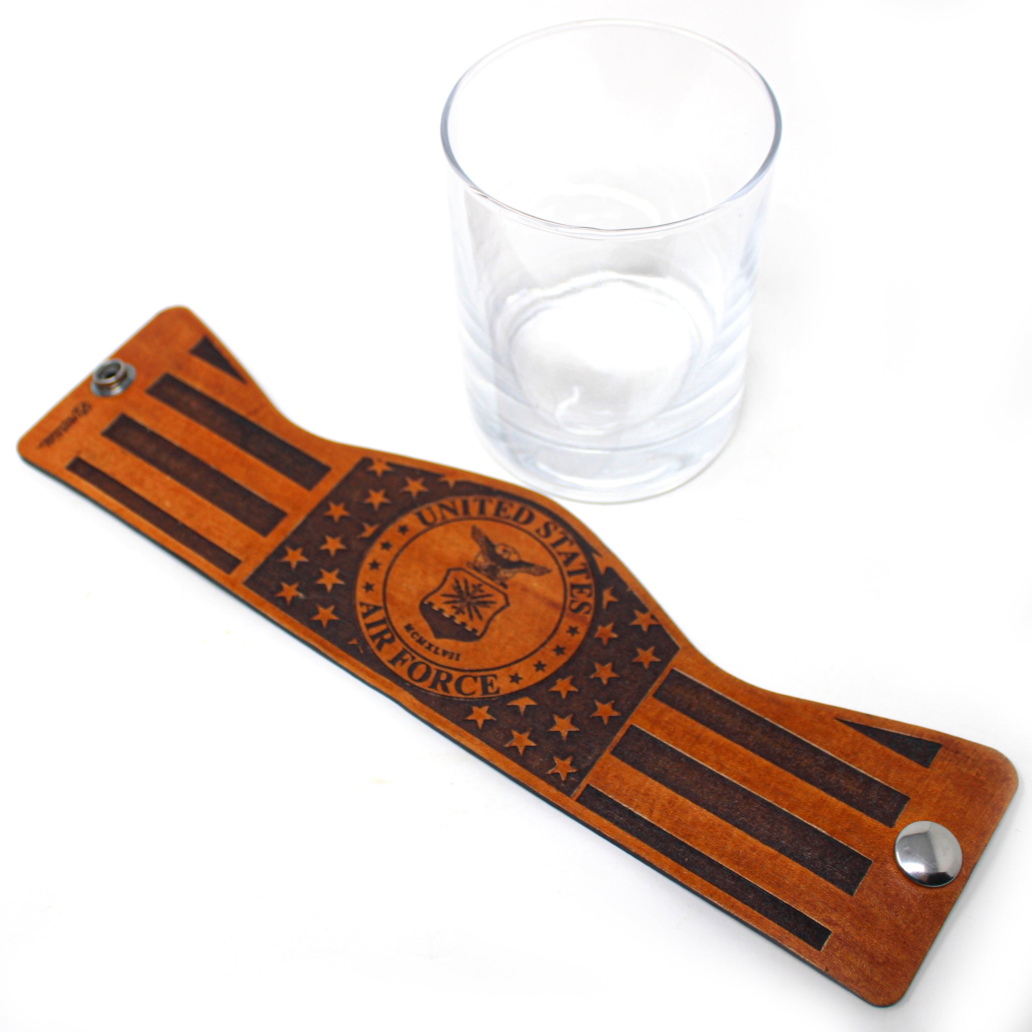 Whiskey Glass Leather Wrap - American flag Air Force Engraved