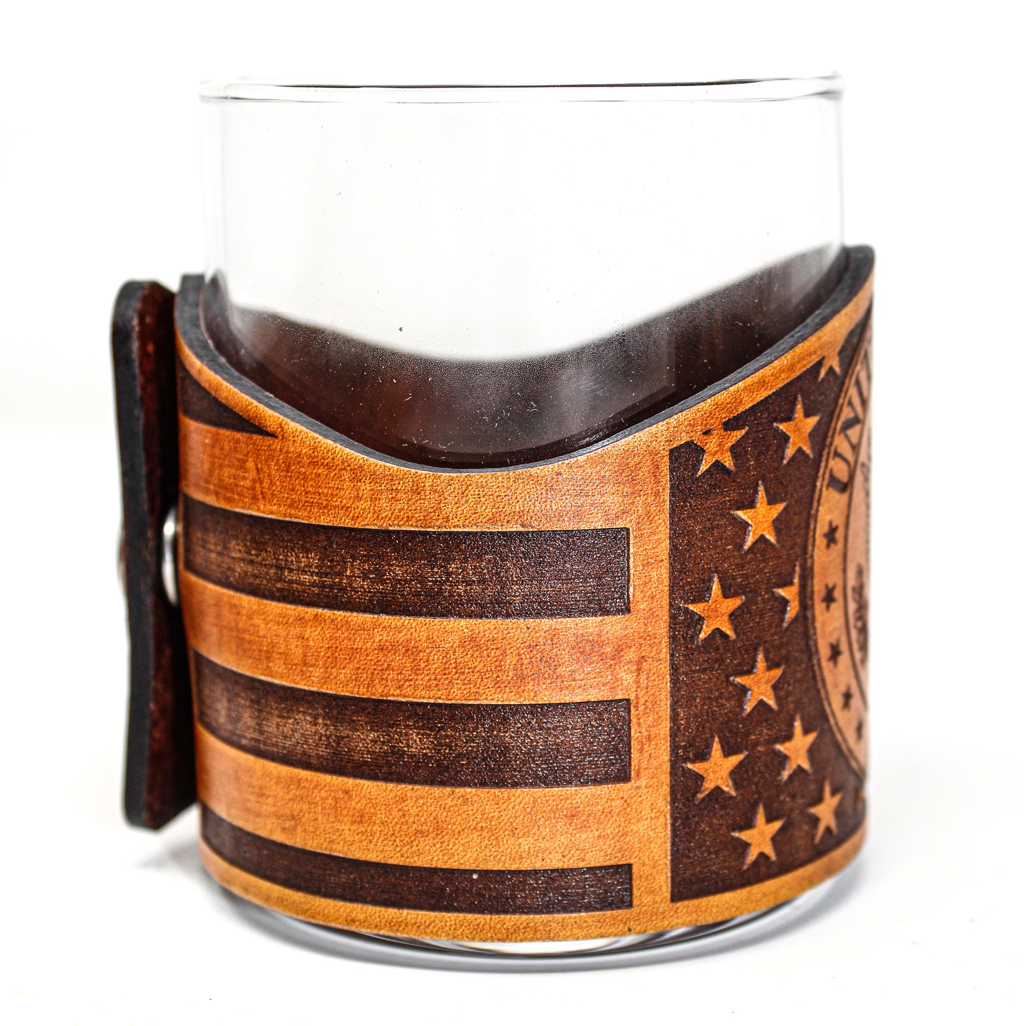 Whiskey Glass Leather Wrap - American flag Army Engraved