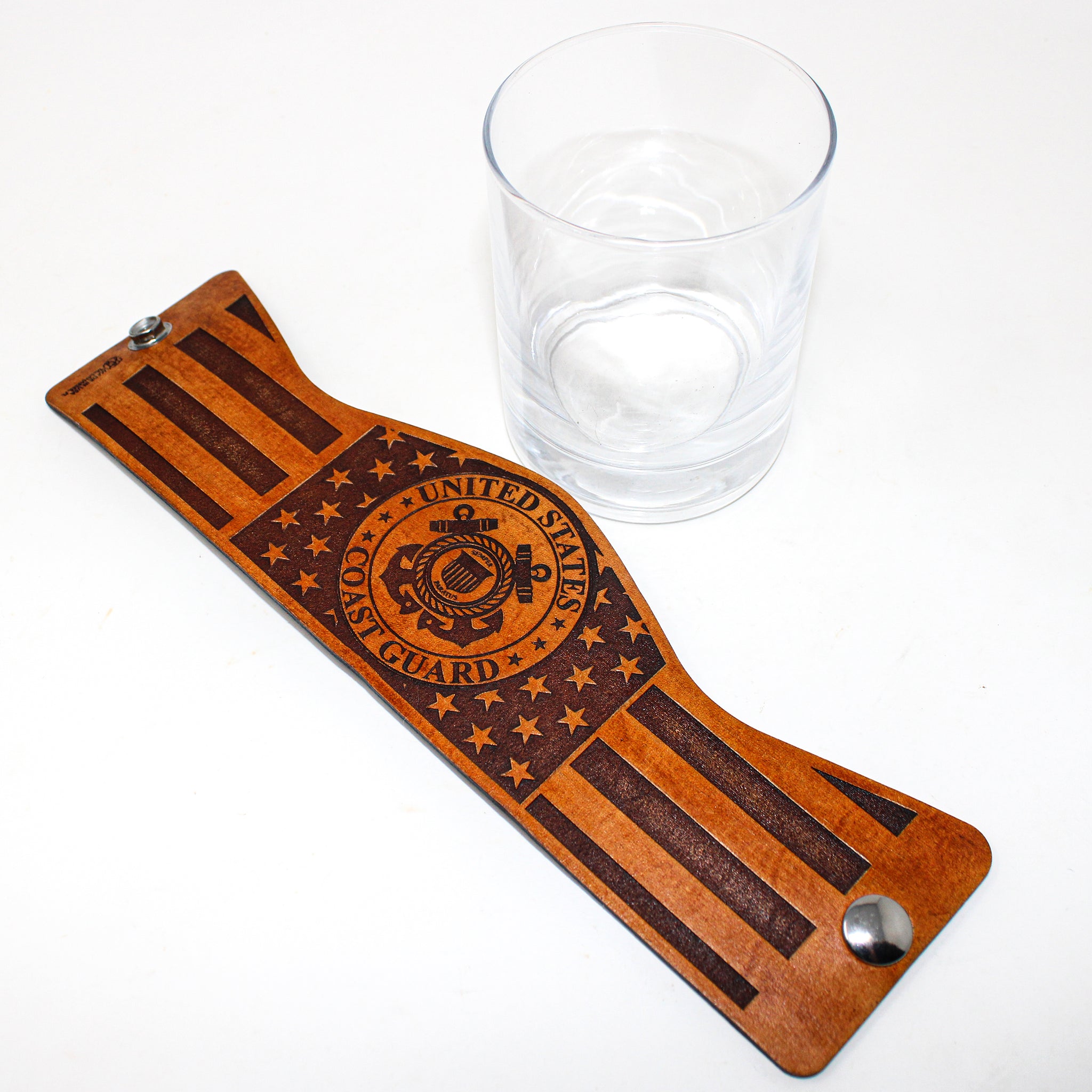 Whiskey Glass Leather Wrap - American flag Coast Guard Engraved