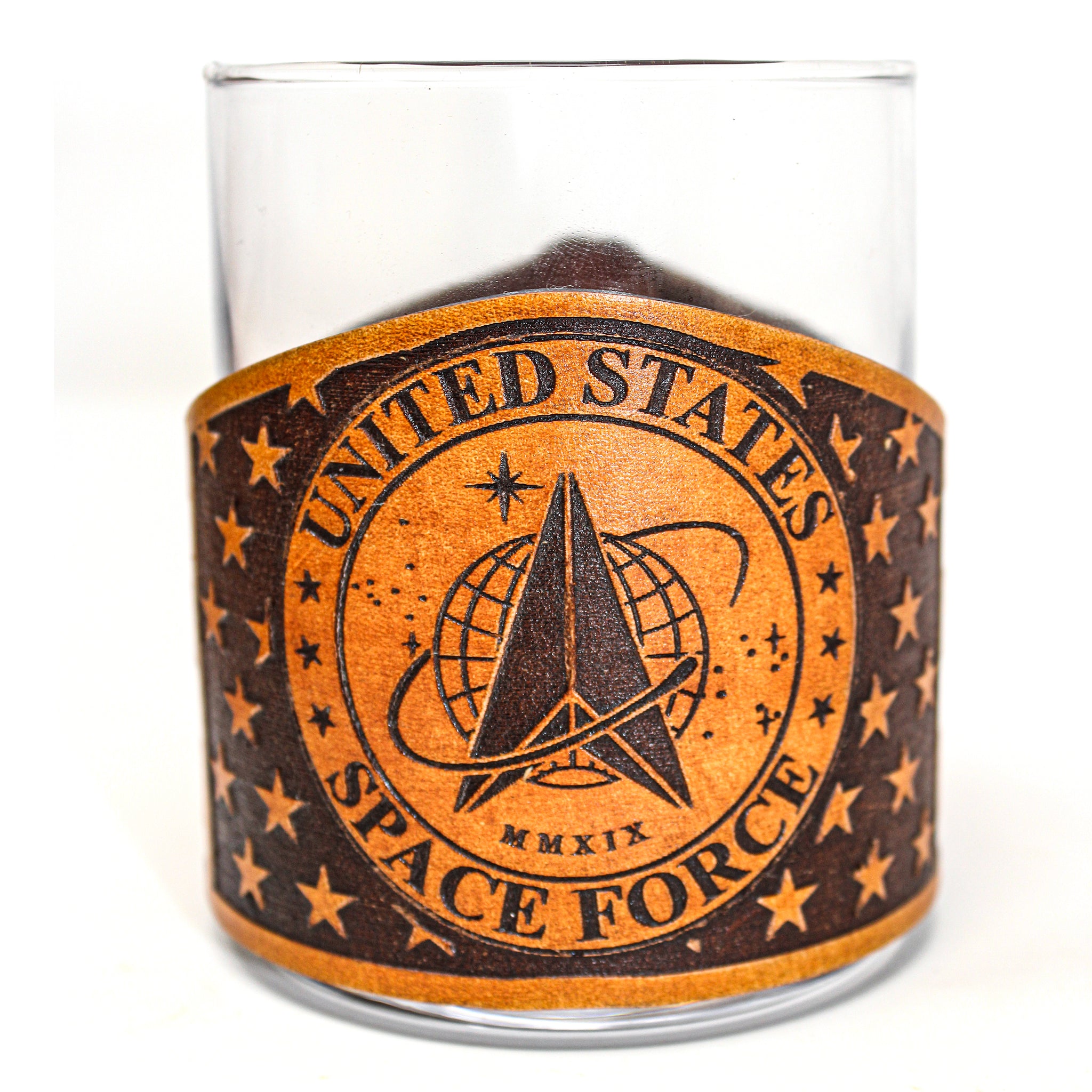 Whiskey Glass Leather Wrap - American flag Space Force Engraved