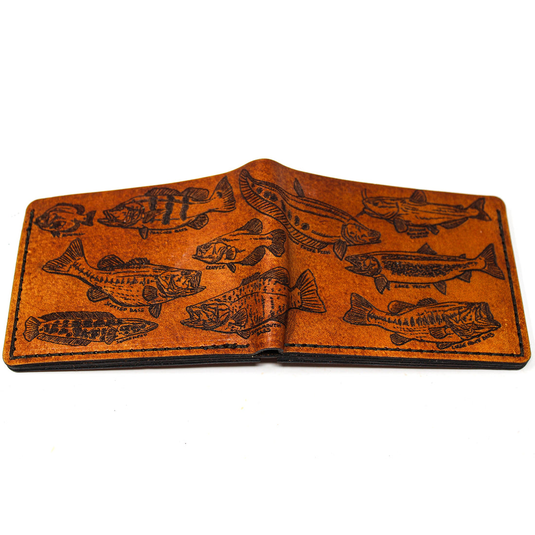 Leather billfold mens wallet with fresh water fish on it - folded side 1