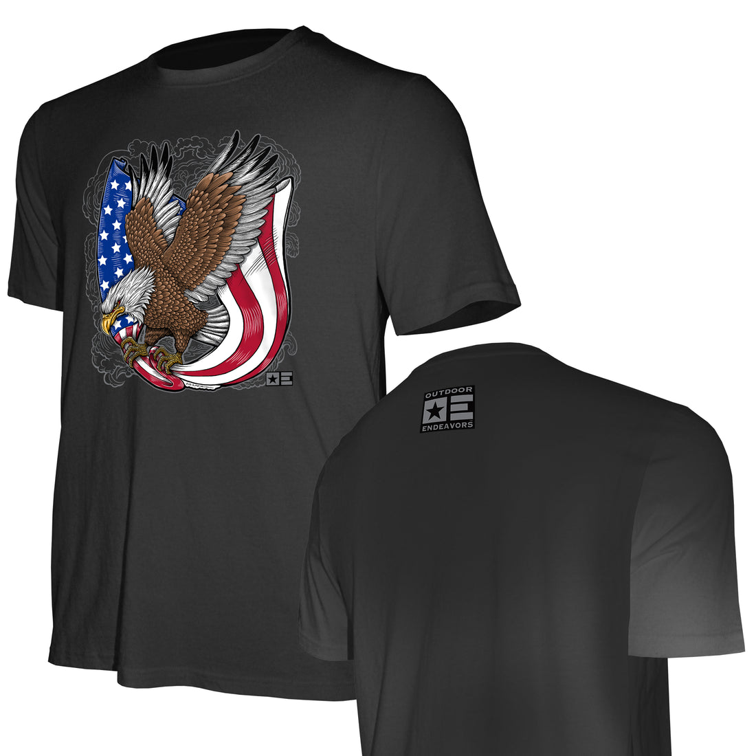Outdoor Endeavors Patriotic - Camiseta hecha en Estados Unidos - Águila de tatuaje retro - Impresión frontal