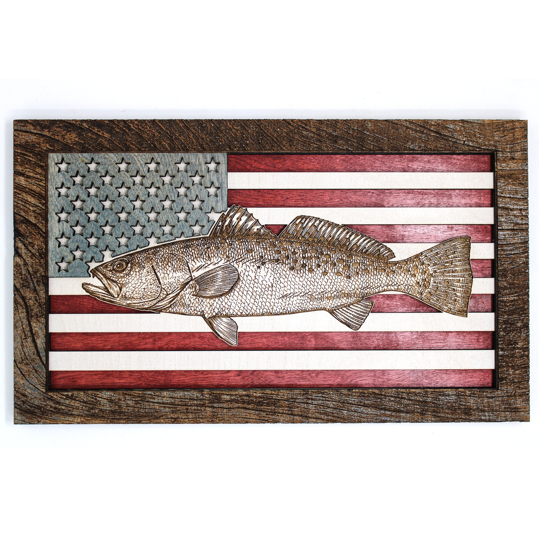 Wall Art - Speckled Sea Trout American Flag 3D Wood Art