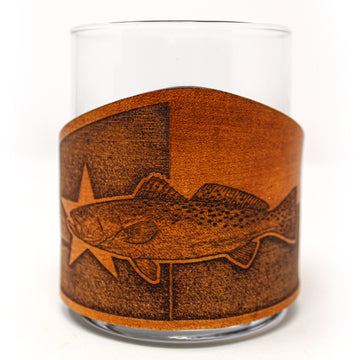 Envoltura de cuero para vaso de whisky - Vidrio grabador Redfish estilo SC