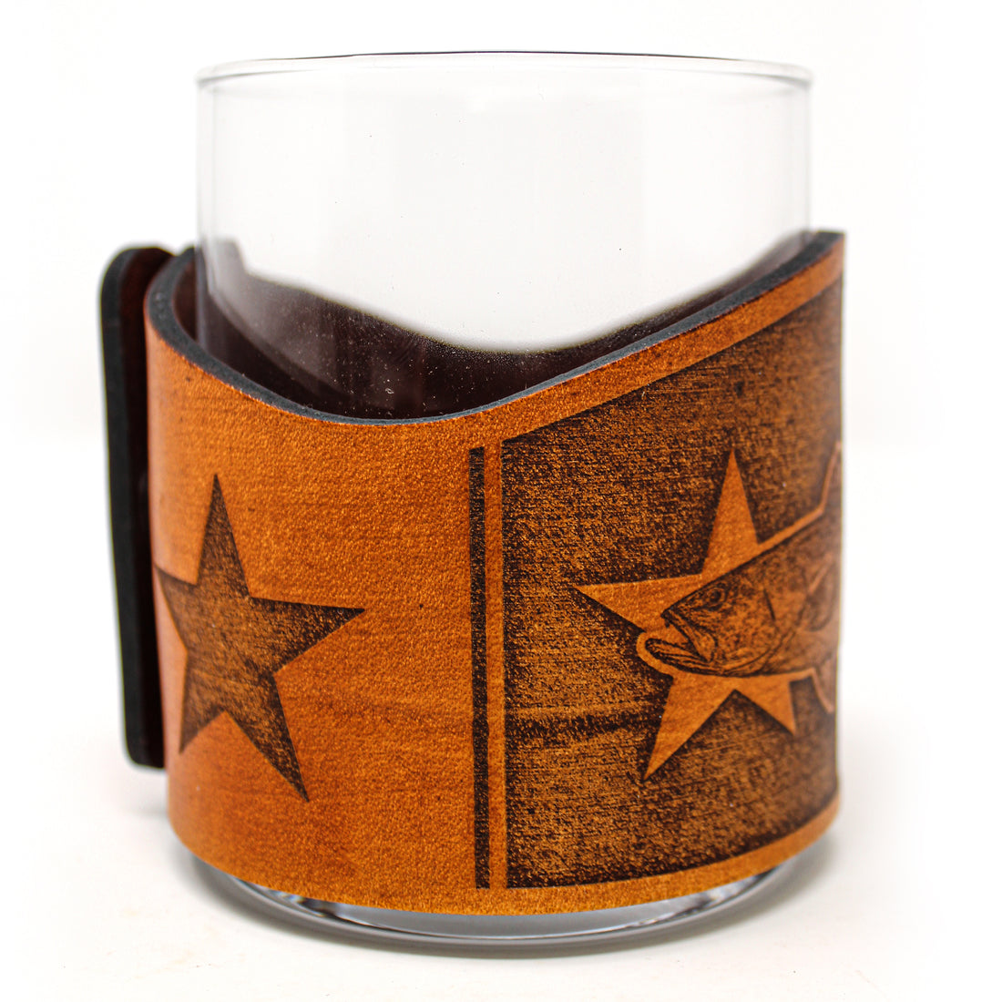Envoltura de cuero para vaso de whisky - Vidrio grabador Redfish estilo SC