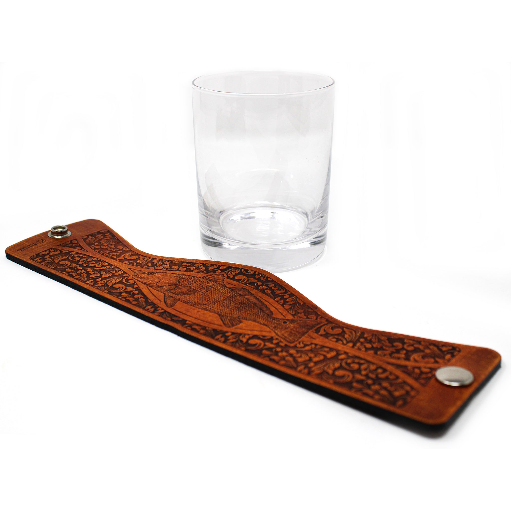 Whiskey Glass Leather Wrap - Redfish Engraver glass