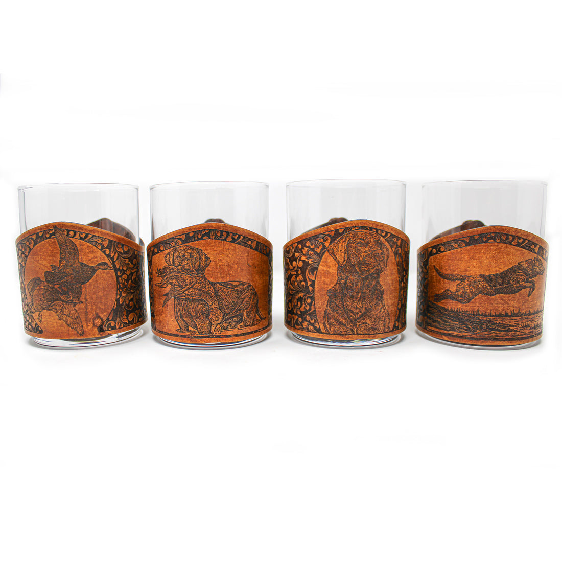Envoltura de cuero para vaso de whisky, juego de grabador de perro, caza de patos y pájaros