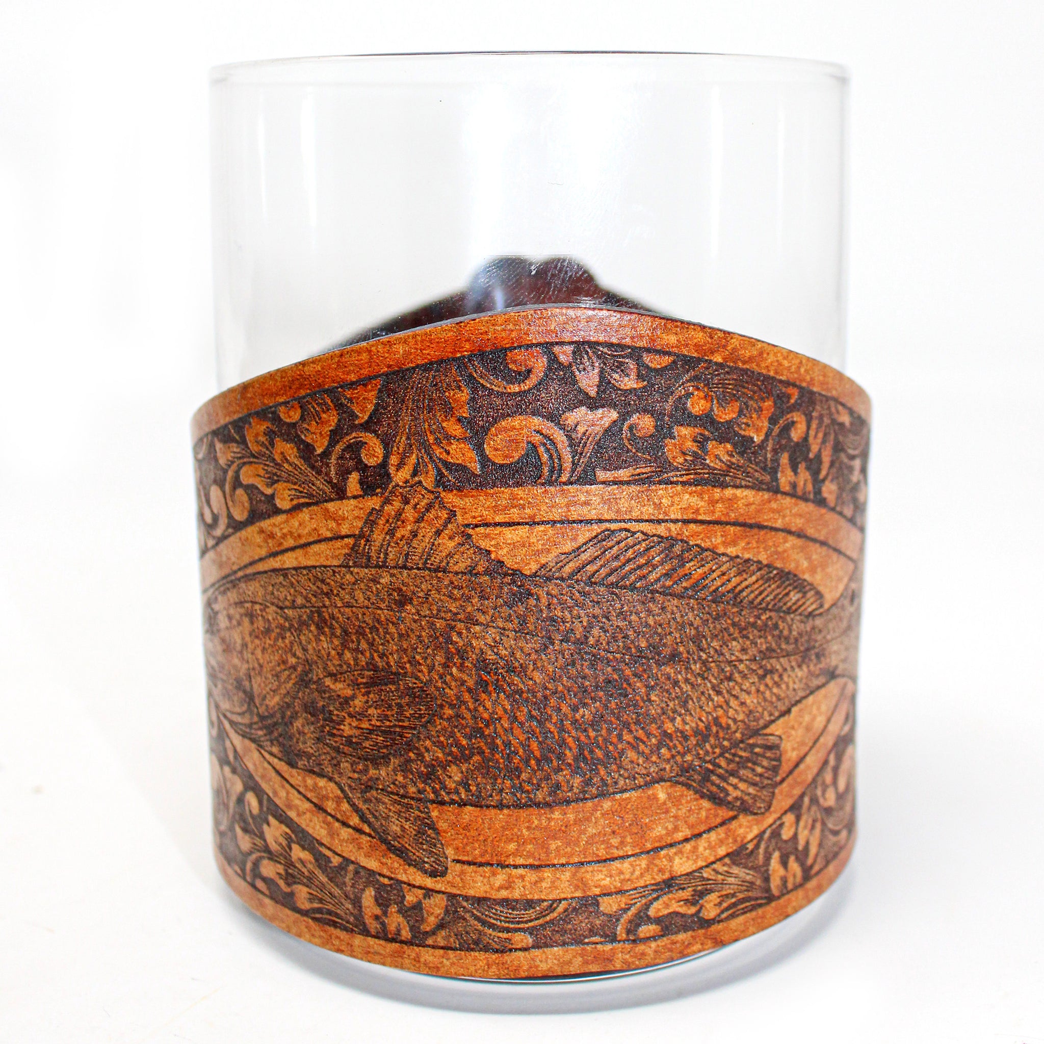 Whiskey Glass Leather Wrap - SC Style Redfish Engraver glass