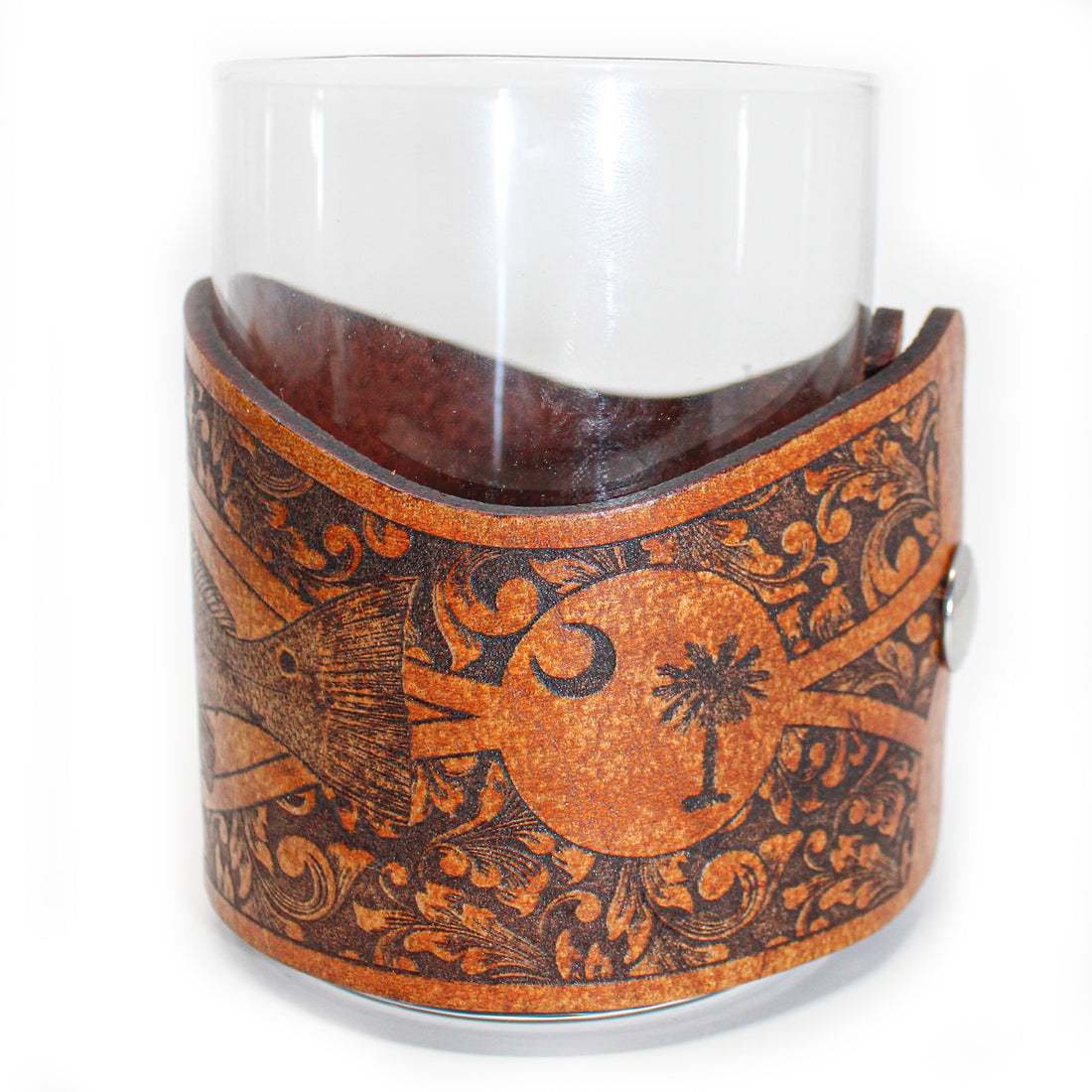 Envoltura de cuero para vaso de whisky - Vidrio grabador Redfish estilo SC