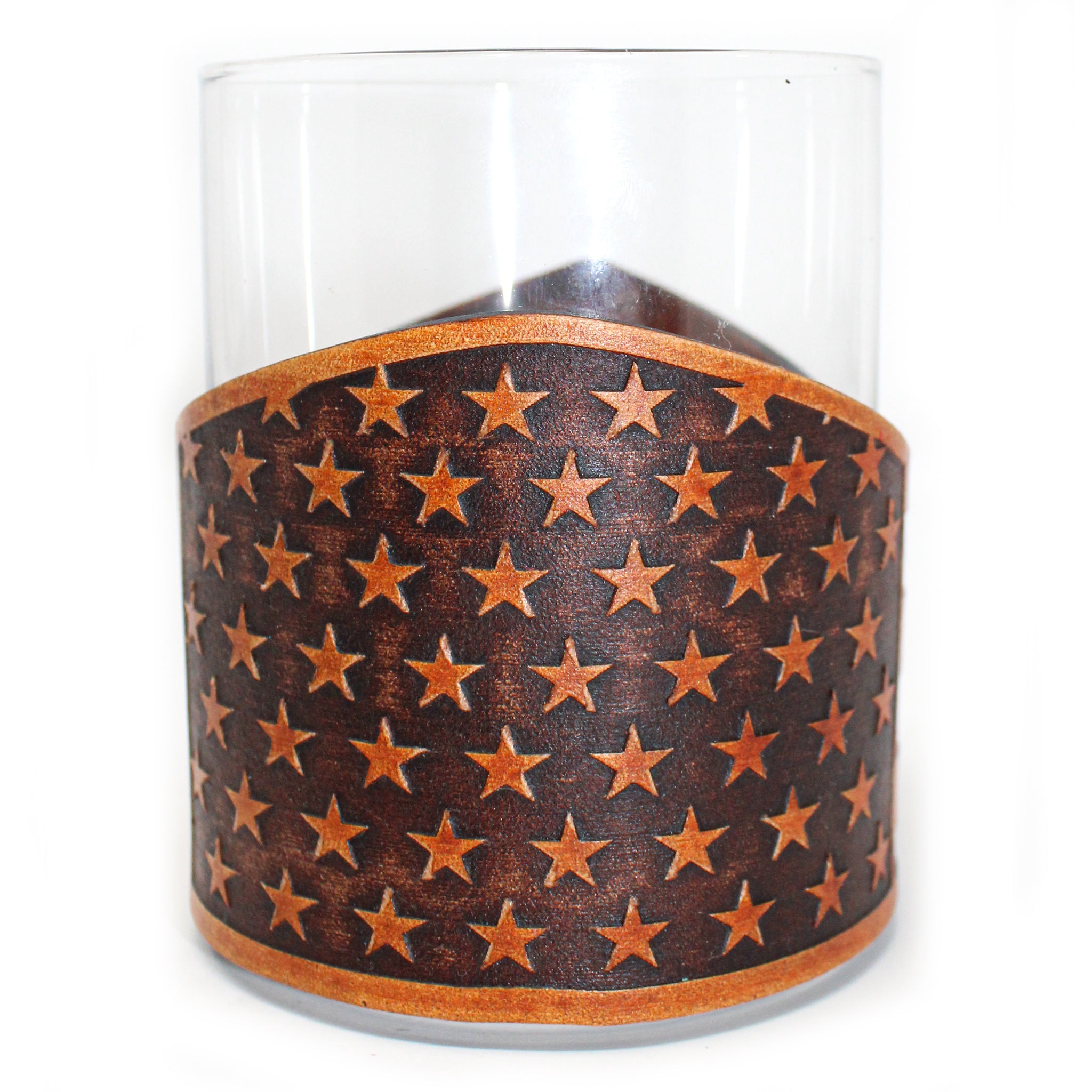 Whiskey Glass Leather Wrap - Stars and Bars Horizontal Engraver glass