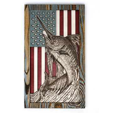 Arte de la pared - Arte de madera 3D de la bandera americana de Jumping Marlin