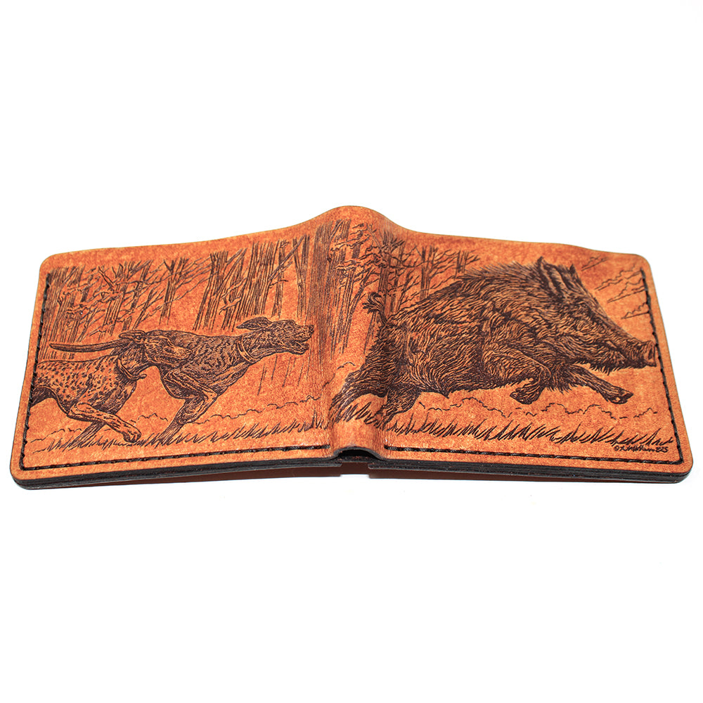 Handcrafted Boar Pursuit Leather Bill Fold Wallet - Made to Order in USA