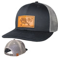 Trucker hats with leather patches on a white background