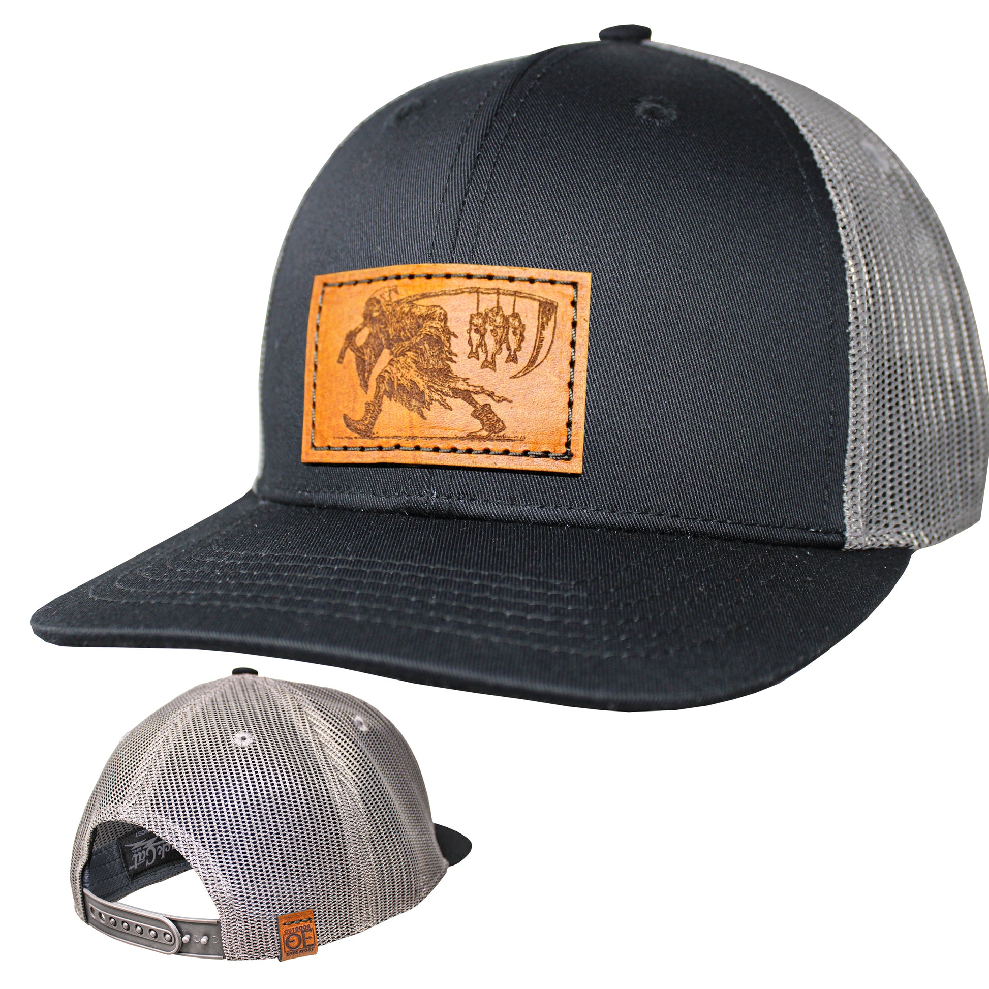 Trucker hats with leather patches on a white background