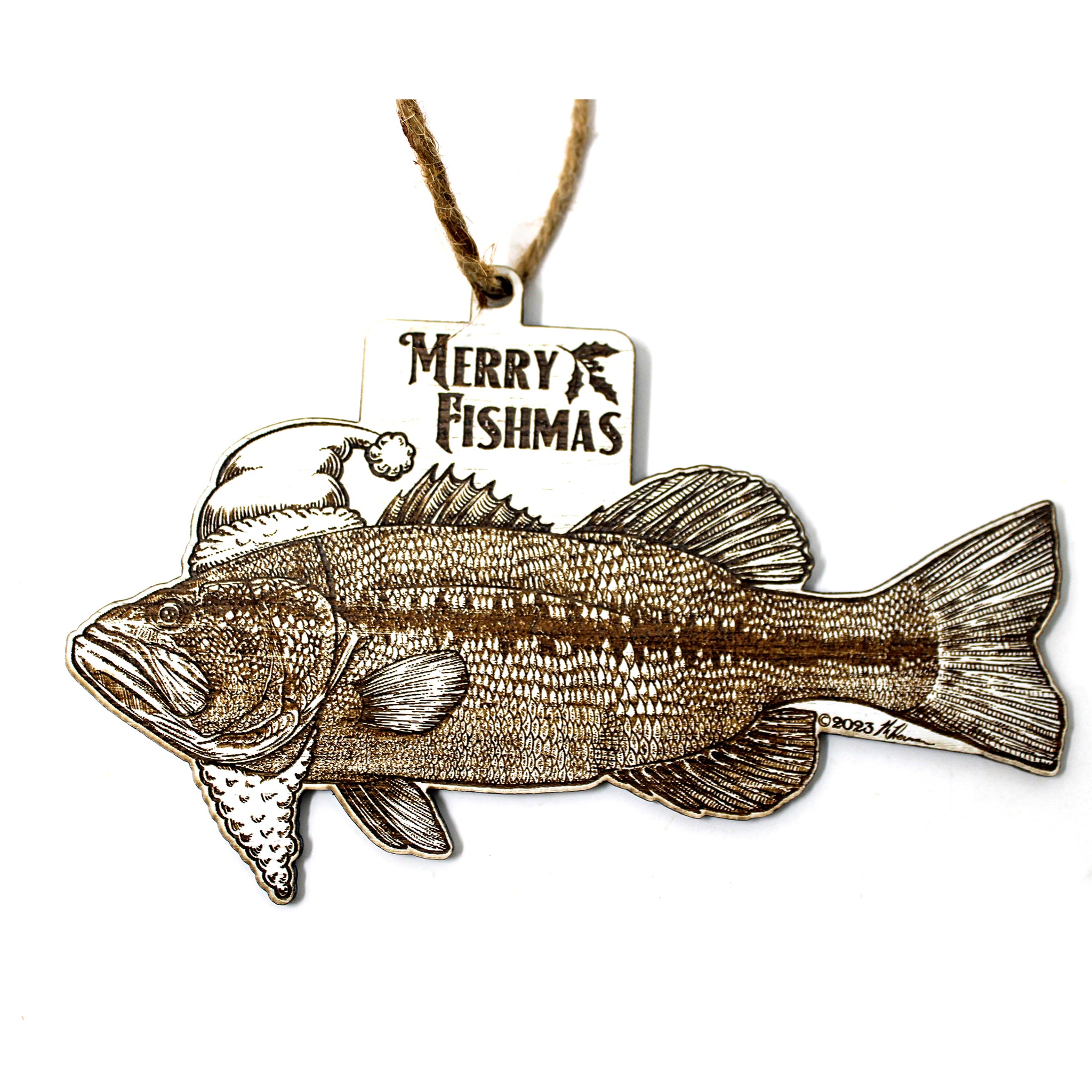 Adornos navideños de madera - Adornos de pesca de lubina de boca grande