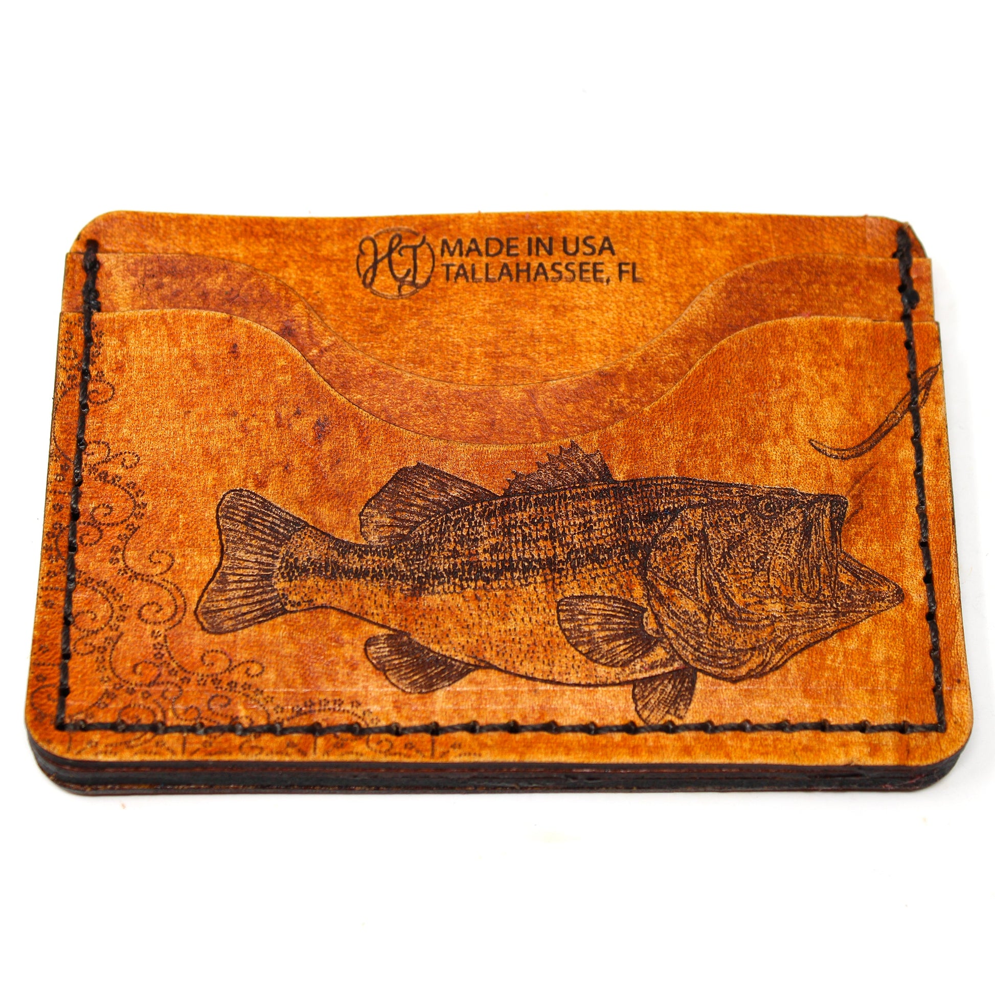 Leather card holder mens wallet with Largemouth Bass -  side 1