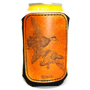 Handcrafted Leather Patch Drink Sleeve - Mallard ducks