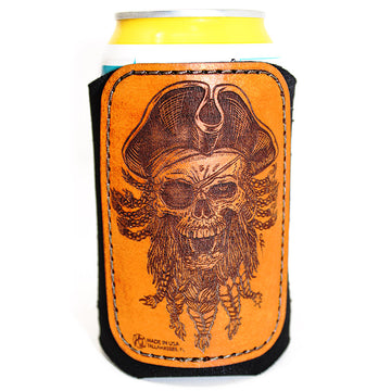 Handcrafted Leather Patch Drink Sleeve - Pirate Skellyhead