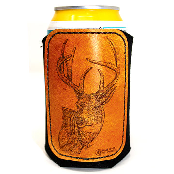 Handcrafted Leather Patch Drink Sleeve - Whitetail Buck