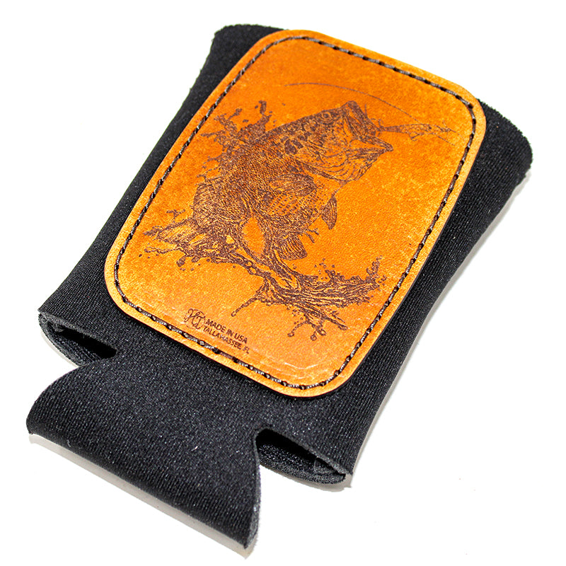 Handcrafted Leather Patch Drink Sleeve - Largemouth Bass