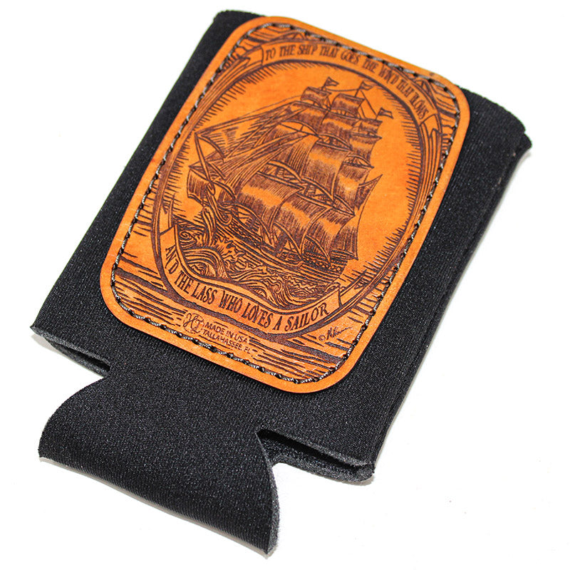 Handcrafted Leather Patch Drink Sleeve - Pirate Ship