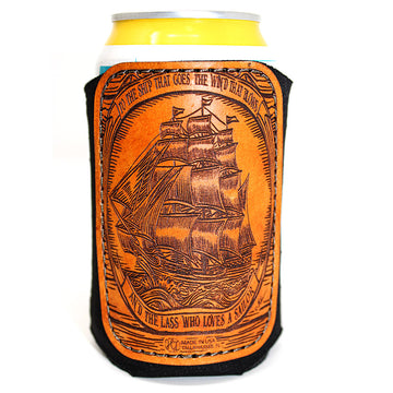 Handcrafted Leather Patch Drink Sleeve - Pirate Ship