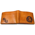 Leather billfold mens wallet with FSU branding - open