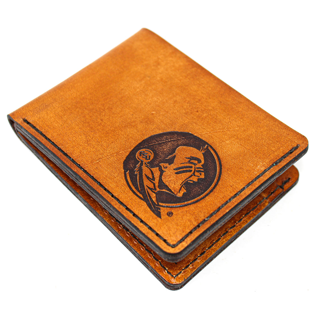 Leather billfold mens wallet with FSU branding - folded side 1