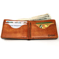 Leather billfold mens wallet with FSU branding - inner shown as full with items.