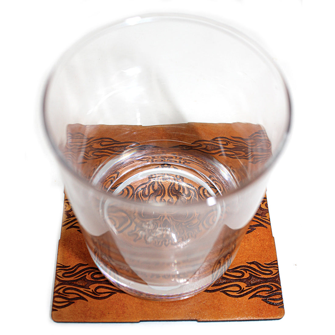 Handcrafted Leather Coasters -Biker Tribal Flame Skull