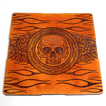 Handcrafted Leather Coasters -Biker Tribal Skull Wings