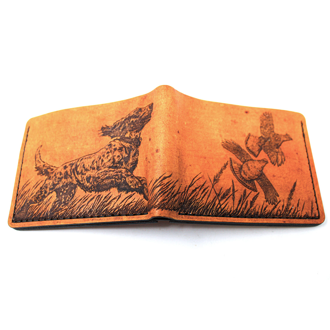 Leather Bill Fold / Bifold Mens Wallet -  English Setter Flushing Grouse