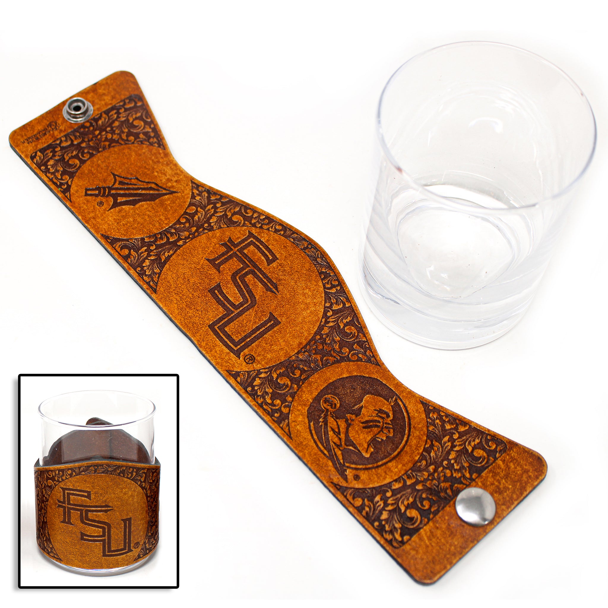 Whiskey Glass Leather Wrap - FSU Rocks Glass