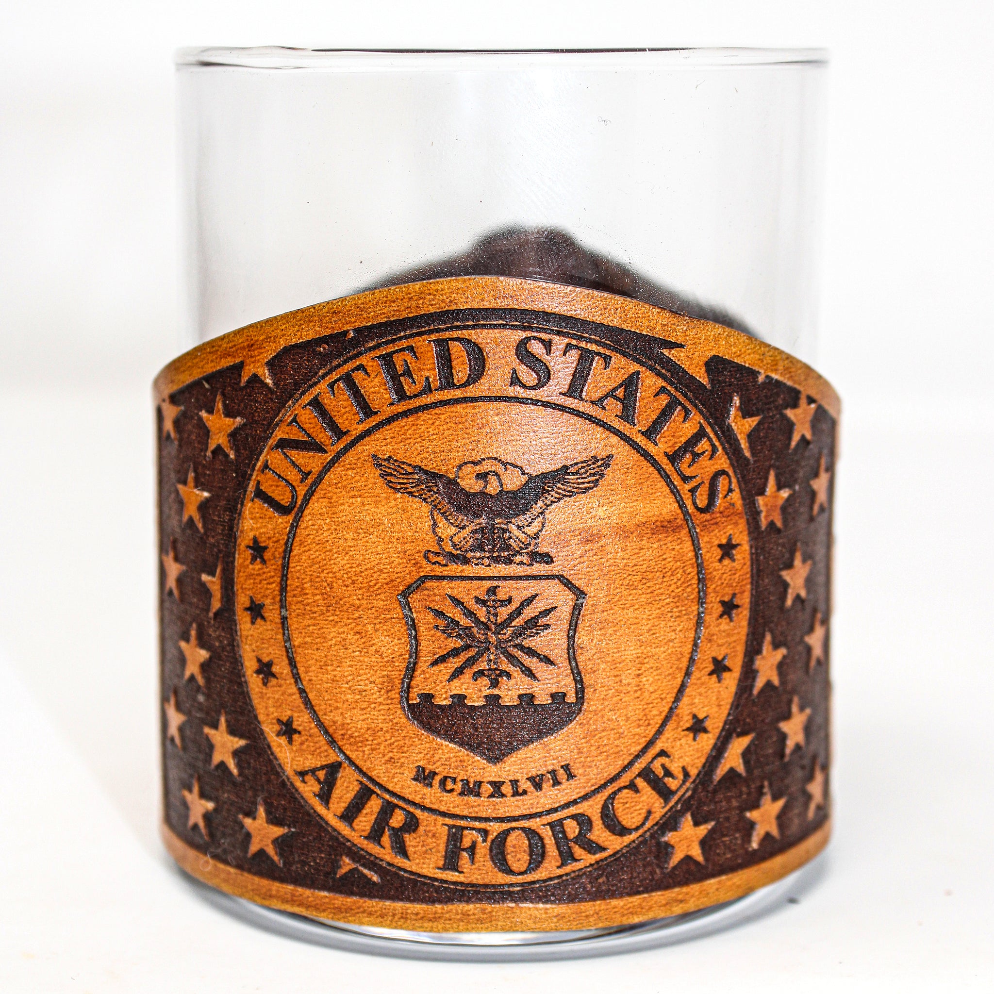 Whiskey Glass Leather Wrap - American flag Air Force Engraved