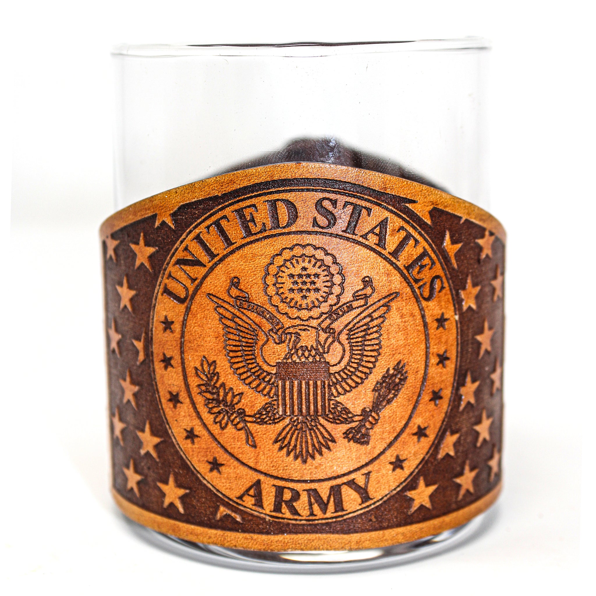Whiskey Glass Leather Wrap - American flag Army Engraved
