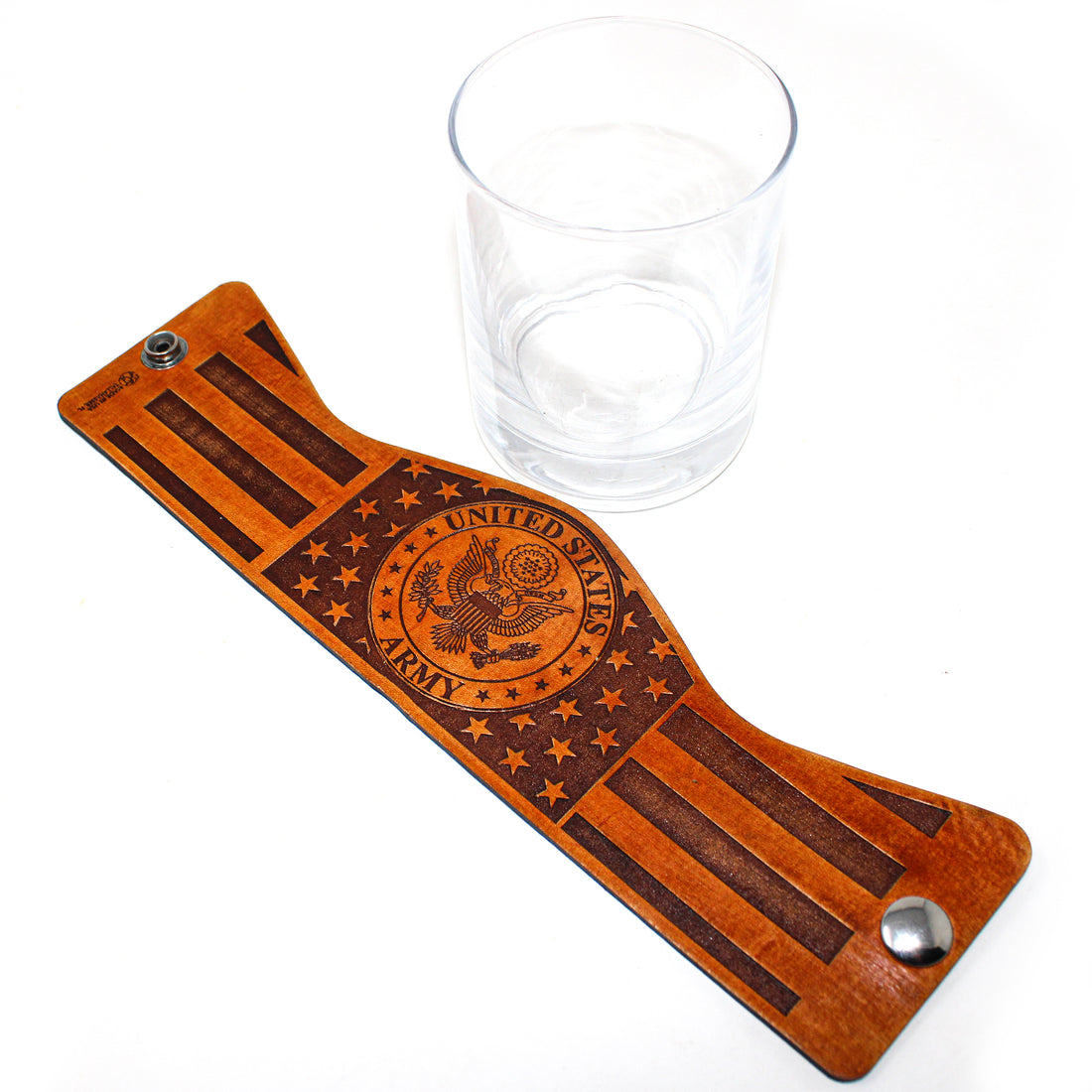 Whiskey Glass Leather Wrap - American flag Army Engraved