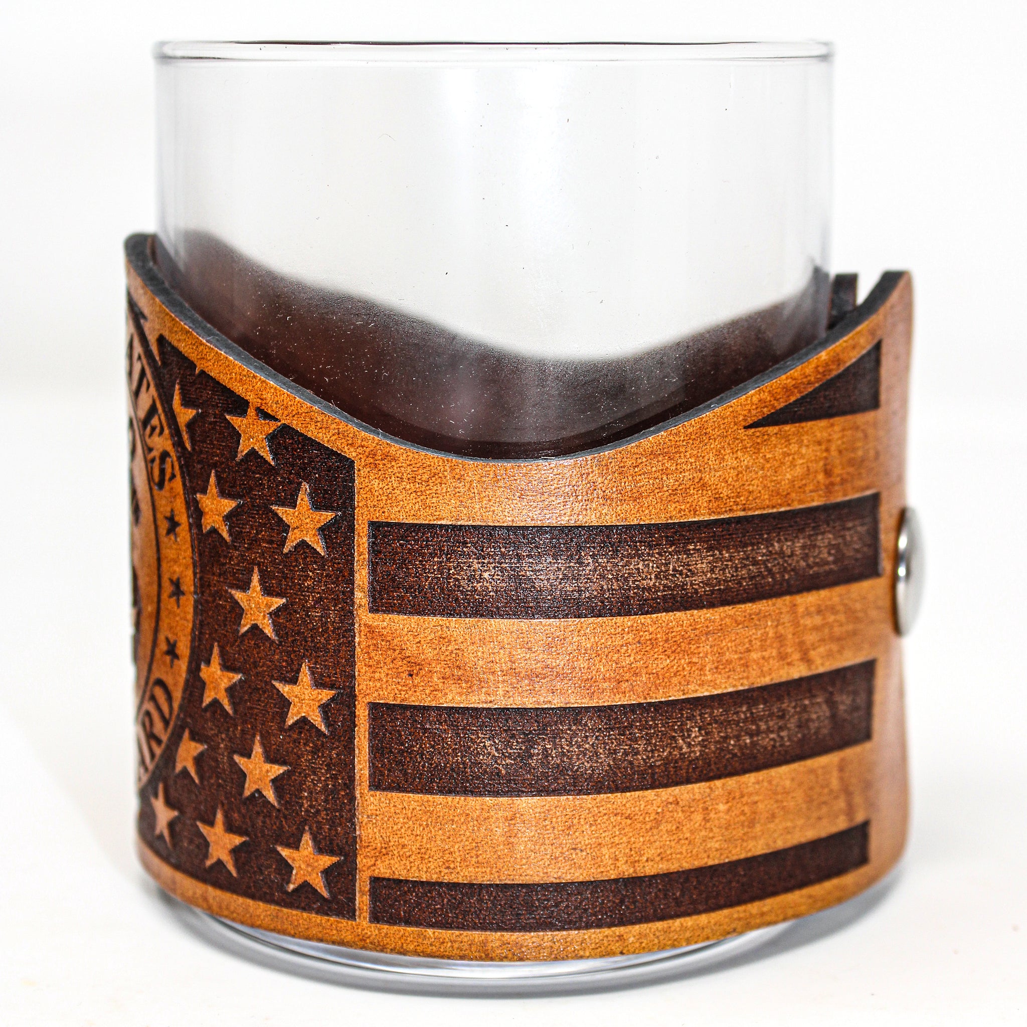 Whiskey Glass Leather Wrap - American flag Coast Guard Engraved