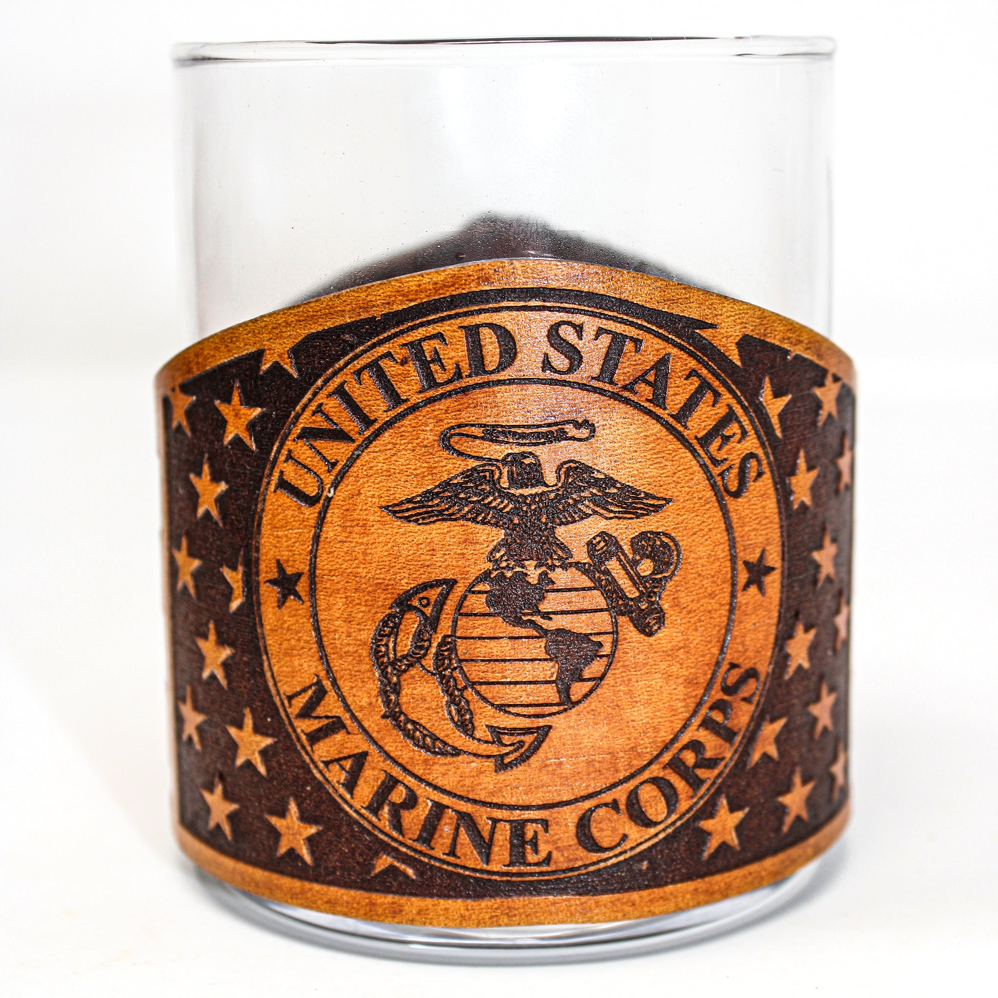 Whiskey Glass Leather Wrap - American flag Marine Corps Engraved