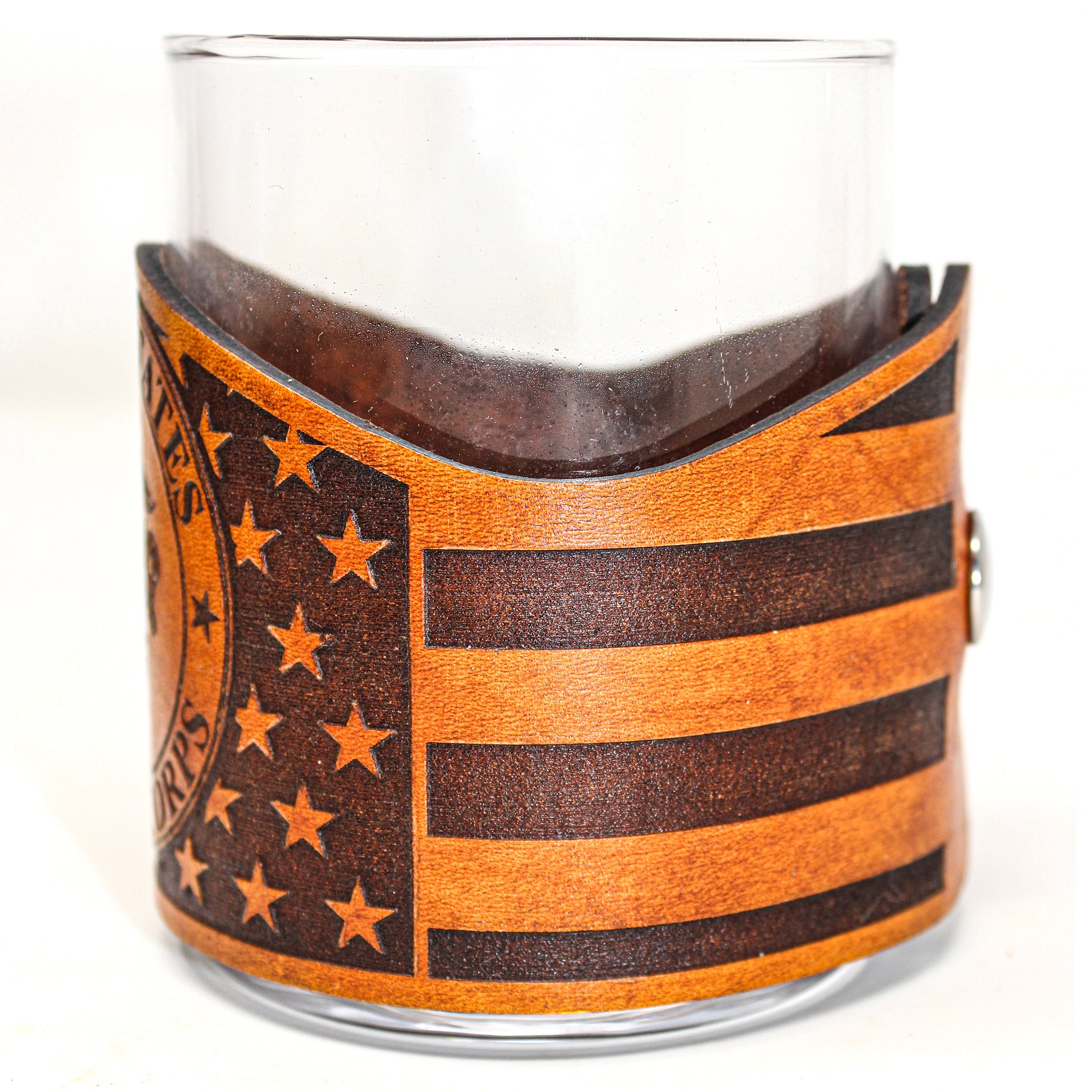 Whiskey Glass Leather Wrap - American flag Marine Corps Engraved
