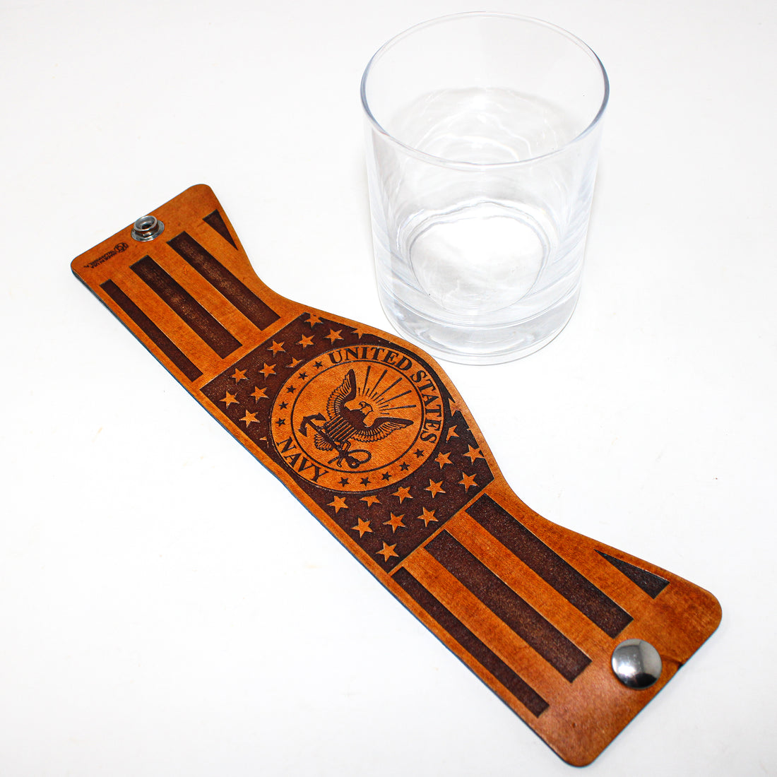 Whiskey Glass Leather Wrap - American flag Navy Engraved