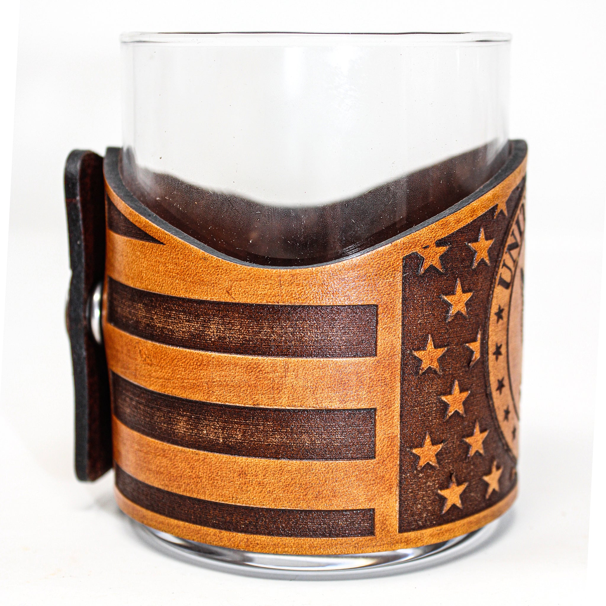 Whiskey Glass Leather Wrap - American flag Navy Engraved