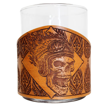 Handcrafted Leather Wrapped Whiskey Glass | Biker Flame Skull
