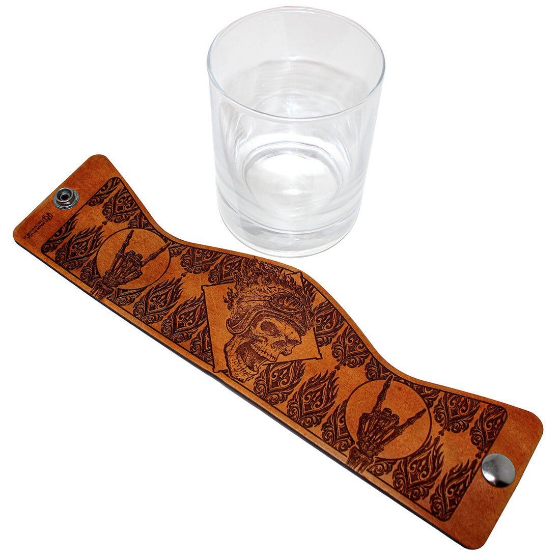 Handcrafted Leather Wrapped Whiskey Glass | Biker Flame Skull