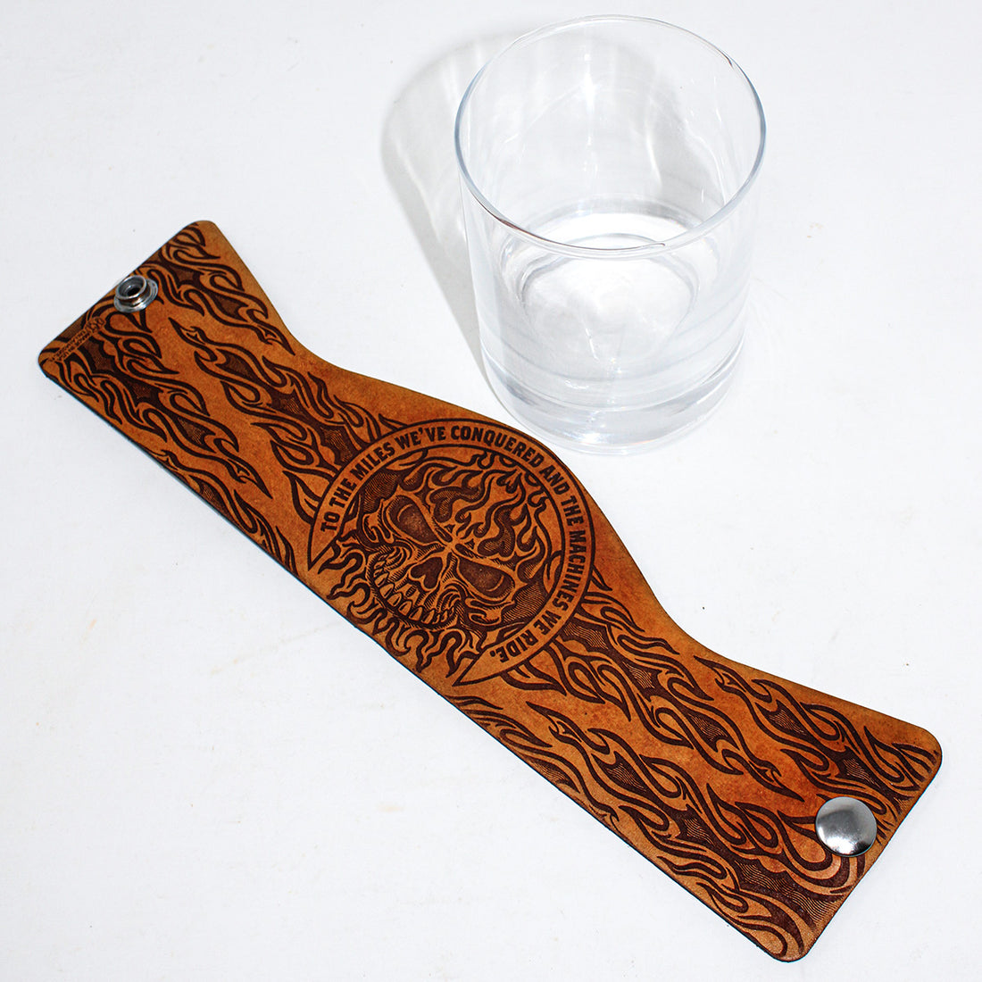 Handcrafted Leather Wrapped Whiskey Glass | Biker Skull Flames