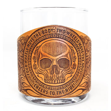 Whiskey Glass Leather Wrapped Glass - Biker Skull Wings