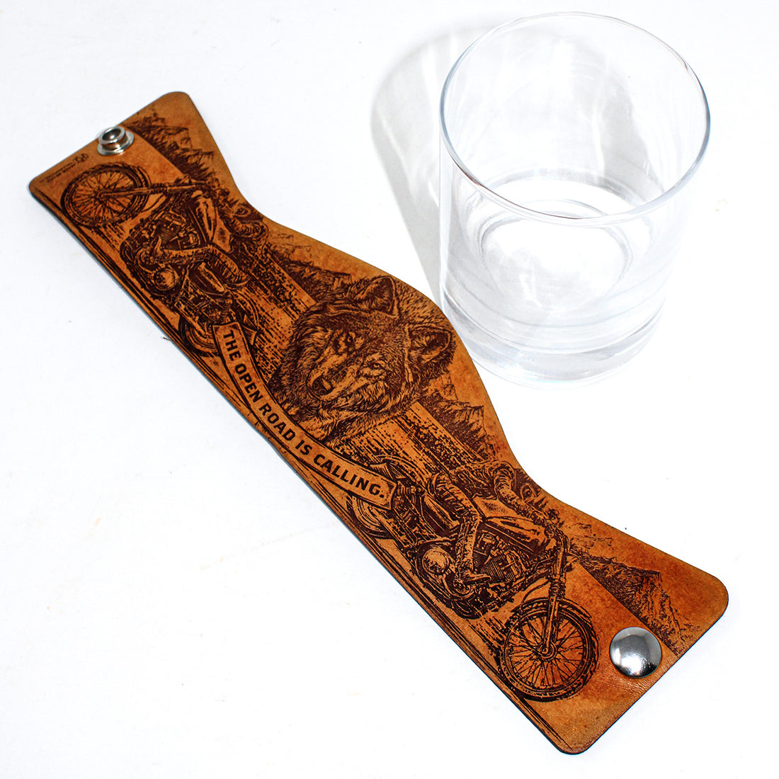 Handcrafted Leather Wrapped Whiskey Glass | Biker Wolf Pack Leader