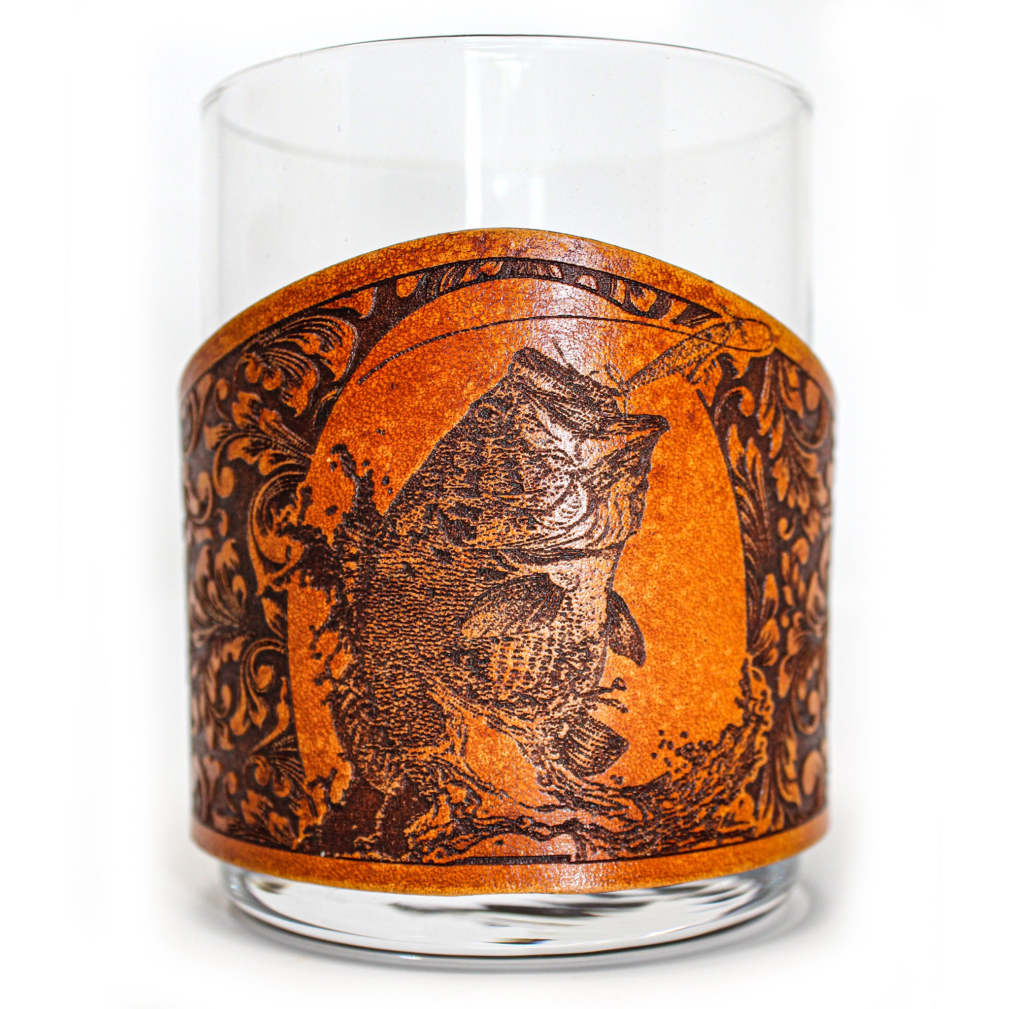 Envoltura de cuero para vaso de whisky - Jumping Lab Bird Dog Engraver glass