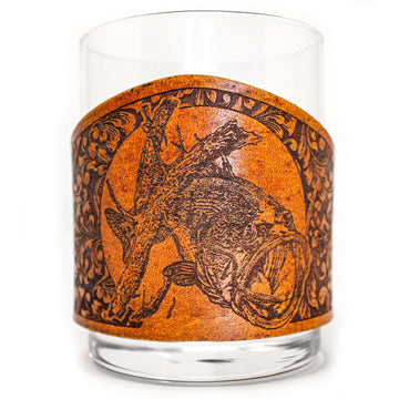 Envoltura de cuero para vaso de whisky - Jumping Lab Bird Dog Engraver glass